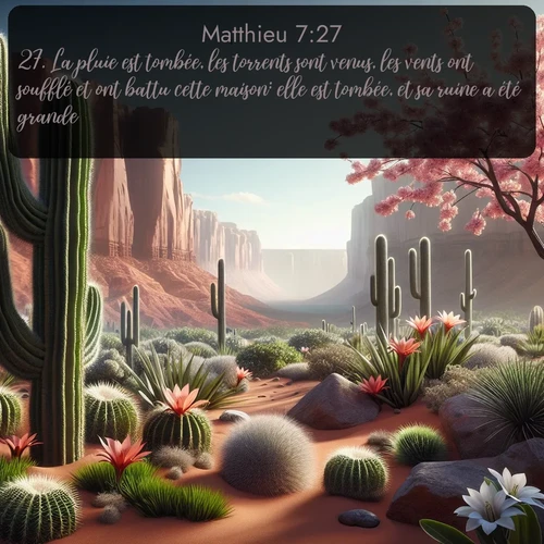 Segond Évangile selon Matthieu  ; image nature: image avec le verset biblique :La pluie est tombée, les torrents sont venus, les vents ont soufflé et ont battu cette maison: elle est tombée, et sa ruine a été grande. ;  ; 7:27