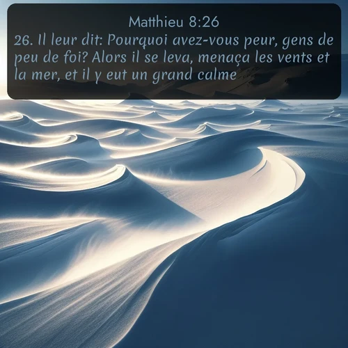 Segond Évangile selon Matthieu  ; image nature: image avec le verset biblique :Il leur dit: Pourquoi avez-vous peur, gens de peu de foi? Alors il se leva, menaça les vents et la mer, et il y eut un grand calme. ;  ; 8:26