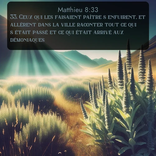 Segond Évangile selon Matthieu  ; image nature: image avec le verset biblique :Ceux qui les faisaient paître s&#039;enfuirent, et allèrent dans la ville raconter tout ce qui s&#039;était passé et ce qui était arrivé aux démoniaques. ;  ; 8:33