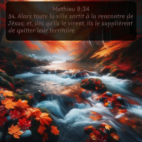 Segond Évangile selon Matthieu  ; image nature: image avec le verset biblique :Alors toute la ville sortit à la rencontre de Jésus; et, dès qu&#039;ils le virent, ils le supplièrent de quitter leur territoire. ;  ; 8:34