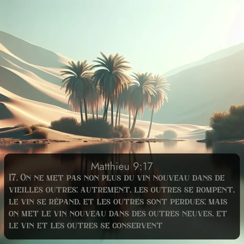 Segond Évangile selon Matthieu  ; image nature: image avec le verset biblique :On ne met pas non plus du vin nouveau dans de vieilles outres; autrement, les outres se rompent, le vin se répand, et les outres sont perdues; mais on met le vin nouveau dans des outres neuves, et le vin et les outres se conservent. ;  ; 9:17