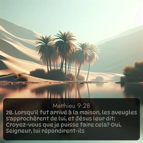 Segond Évangile selon Matthieu  ; image nature: image avec le verset biblique :Lorsqu&#039;il fut arrivé à la maison, les aveugles s&#039;approchèrent de lui, et Jésus leur dit: Croyez-vous que je puisse faire cela? Oui, Seigneur, lui répondirent-ils. ;  ; 9:28