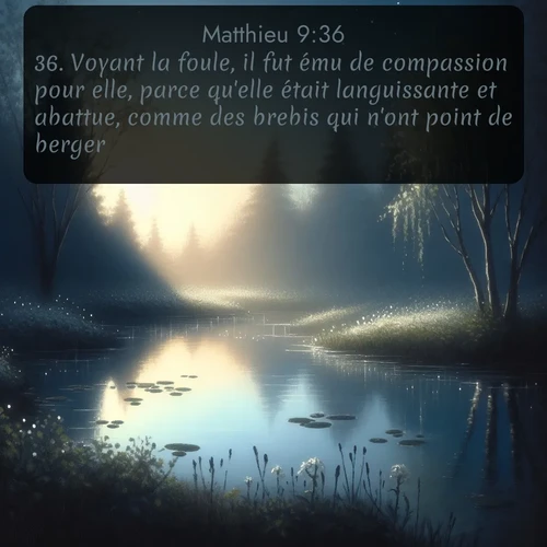 Segond Évangile selon Matthieu  ; image nature: image avec le verset biblique :Voyant la foule, il fut ému de compassion pour elle, parce qu&#039;elle était languissante et abattue, comme des brebis qui n&#039;ont point de berger. ;  ; 9:36