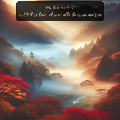 Segond Évangile selon Matthieu  ; image nature: image avec le verset biblique :Et il se leva, et s&#039;en alla dans sa maison. ;  ; 9:7