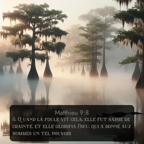 Segond Évangile selon Matthieu  ; image nature: image avec le verset biblique :Quand la foule vit cela, elle fut saisie de crainte, et elle glorifia Dieu, qui a donné aux hommes un tel pouvoir. ;  ; 9:8