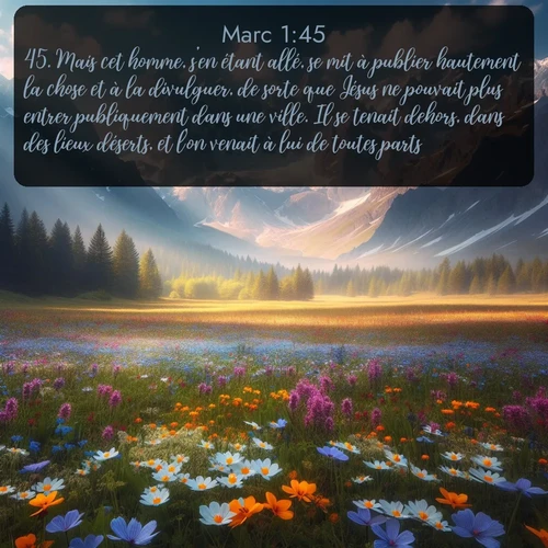 Segond Évangile selon Marc  ; image nature: image avec le verset biblique :Mais cet homme, s&#039;en étant allé, se mit à publier hautement la chose et à la divulguer, de sorte que Jésus ne pouvait plus entrer publiquement dans une ville. Il se tenait dehors, dans des lieux déserts, et l&#039;on venait à lui de toutes parts. ;  ; 1:45