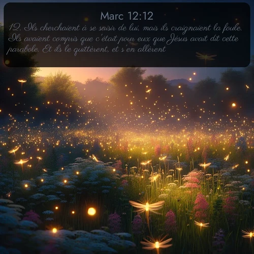 Segond Évangile selon Marc  ; image nature: image avec le verset biblique :Ils cherchaient à se saisir de lui, mais ils craignaient la foule. Ils avaient compris que c&#039;était pour eux que Jésus avait dit cette parabole. Et ils le quittèrent, et s&#039;en allèrent. ;  ; 12:12