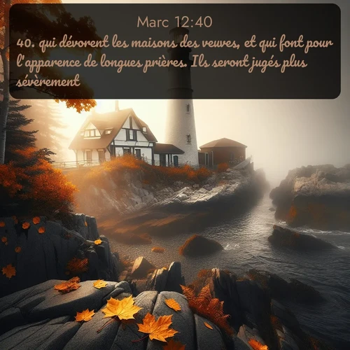 Segond Évangile selon Marc  ; image nature: image avec le verset biblique :qui dévorent les maisons des veuves, et qui font pour l&#039;apparence de longues prières. Ils seront jugés plus sévèrement. ;  ; 12:40
