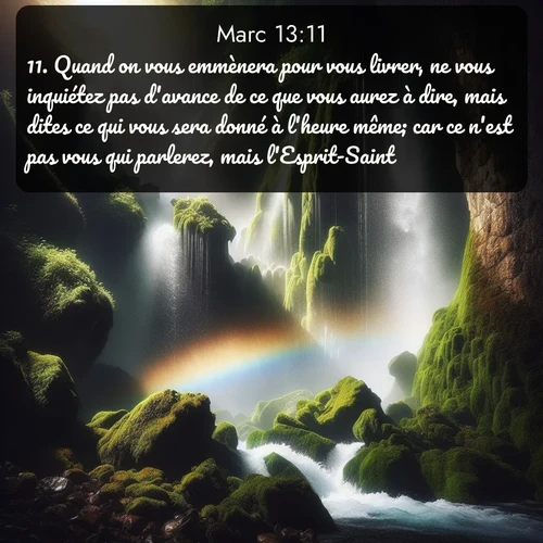 Segond Évangile selon Marc  ; image nature: image avec le verset biblique :Quand on vous emmènera pour vous livrer, ne vous inquiétez pas d&#039;avance de ce que vous aurez à dire, mais dites ce qui vous sera donné à l&#039;heure même; car ce n&#039;est pas vous qui parlerez, mais l&#039;Esprit-Saint. ;  ; 13:11