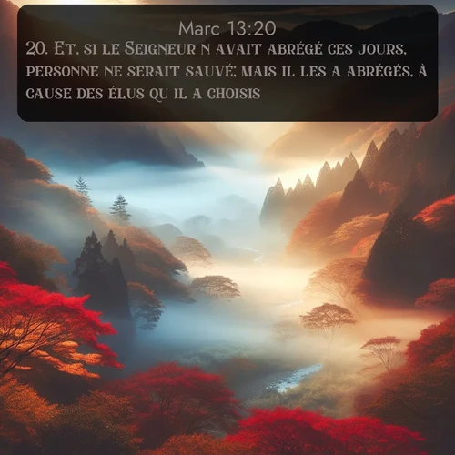 Segond Évangile selon Marc  ; image nature: image avec le verset biblique :Et, si le Seigneur n&#039;avait abrégé ces jours, personne ne serait sauvé; mais il les a abrégés, à cause des élus qu&#039;il a choisis. ;  ; 13:20