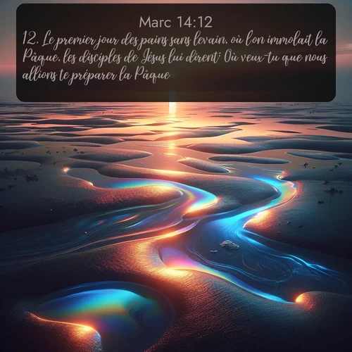Segond Évangile selon Marc  ; image nature: image avec le verset biblique :Le premier jour des pains sans levain, où l&#039;on immolait la Pâque, les disciples de Jésus lui dirent: Où veux-tu que nous allions te préparer la Pâque? ;  ; 14:12