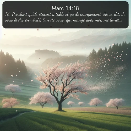 Segond Évangile selon Marc  ; image nature: image avec le verset biblique :Pendant qu&#039;ils étaient à table et qu&#039;ils mangeaient, Jésus dit: Je vous le dis en vérité, l&#039;un de vous, qui mange avec moi, me livrera. ;  ; 14:18