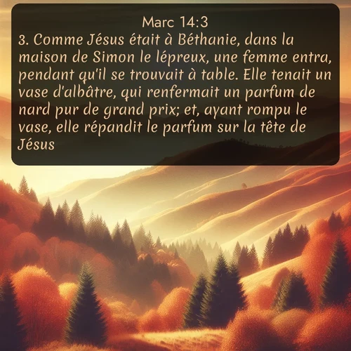 Segond Évangile selon Marc  ; image nature: image avec le verset biblique :Comme Jésus était à Béthanie, dans la maison de Simon le lépreux, une femme entra, pendant qu&#039;il se trouvait à table. Elle tenait un vase d&#039;albâtre, qui renfermait un parfum de nard pur de grand prix; et, ayant rompu le vase, elle répandit le parfum sur la tête de Jésus. ;  ; 14:3