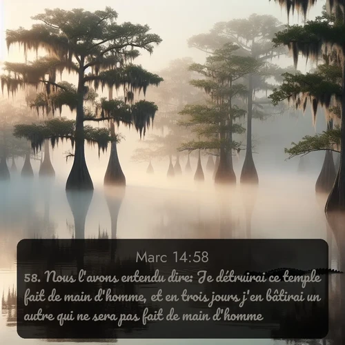 Segond Évangile selon Marc  ; image nature: image avec le verset biblique :Nous l&#039;avons entendu dire: Je détruirai ce temple fait de main d&#039;homme, et en trois jours j&#039;en bâtirai un autre qui ne sera pas fait de main d&#039;homme. ;  ; 14:58