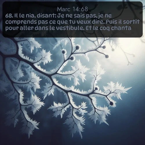 Segond Évangile selon Marc  ; image nature: image avec le verset biblique :Il le nia, disant: Je ne sais pas, je ne comprends pas ce que tu veux dire. Puis il sortit pour aller dans le vestibule. Et le coq chanta. ;  ; 14:68