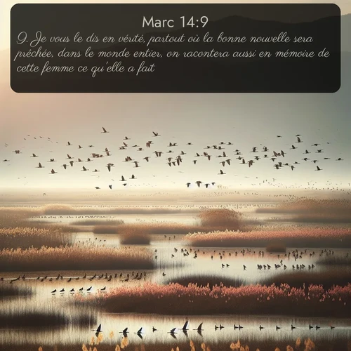 Segond Évangile selon Marc  ; image nature: image avec le verset biblique :Je vous le dis en vérité, partout où la bonne nouvelle sera prêchée, dans le monde entier, on racontera aussi en mémoire de cette femme ce qu&#039;elle a fait. ;  ; 14:9