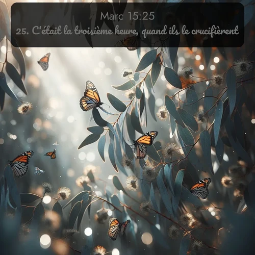 Segond Évangile selon Marc  ; image nature: image avec le verset biblique :C&#039;était la troisième heure, quand ils le crucifièrent. ;  ; 15:25