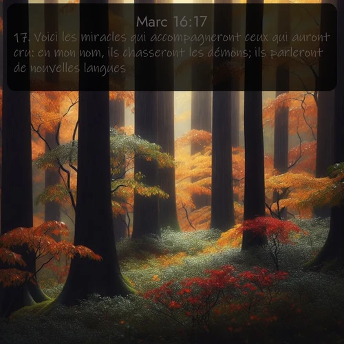 Segond Évangile selon Marc  ; image nature: image avec le verset biblique :Voici les miracles qui accompagneront ceux qui auront cru: en mon nom, ils chasseront les démons; ils parleront de nouvelles langues; ;  ; 16:17