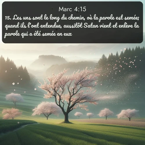 Segond Évangile selon Marc  ; image nature: image avec le verset biblique :Les uns sont le long du chemin, où la parole est semée; quand ils l&#039;ont entendue, aussitôt Satan vient et enlève la parole qui a été semée en eux. ;  ; 4:15