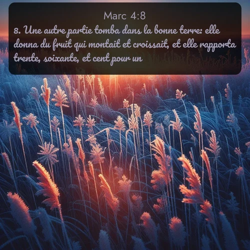 Segond Évangile selon Marc  ; image nature: image avec le verset biblique :Une autre partie tomba dans la bonne terre: elle donna du fruit qui montait et croissait, et elle rapporta trente, soixante, et cent pour un. ;  ; 4:8
