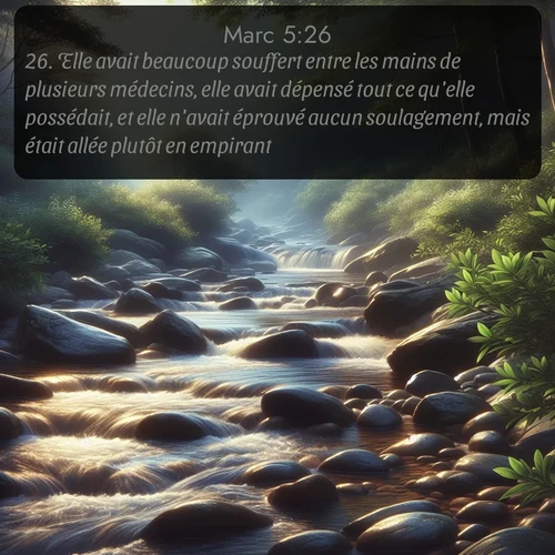Segond Évangile selon Marc  ; image nature: image avec le verset biblique :Elle avait beaucoup souffert entre les mains de plusieurs médecins, elle avait dépensé tout ce qu&#039;elle possédait, et elle n&#039;avait éprouvé aucun soulagement, mais était allée plutôt en empirant. ;  ; 5:26