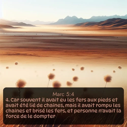 Segond Évangile selon Marc  ; image nature: image avec le verset biblique :Car souvent il avait eu les fers aux pieds et avait été lié de chaînes, mais il avait rompu les chaînes et brisé les fers, et personne n&#039;avait la force de le dompter. ;  ; 5:4