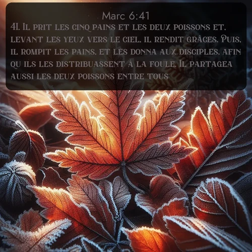 Segond Évangile selon Marc  ; image nature: image avec le verset biblique :Il prit les cinq pains et les deux poissons et, levant les yeux vers le ciel, il rendit grâces. Puis, il rompit les pains, et les donna aux disciples, afin qu&#039;ils les distribuassent à la foule. Il partagea aussi les deux poissons entre tous. ;  ; 6:41