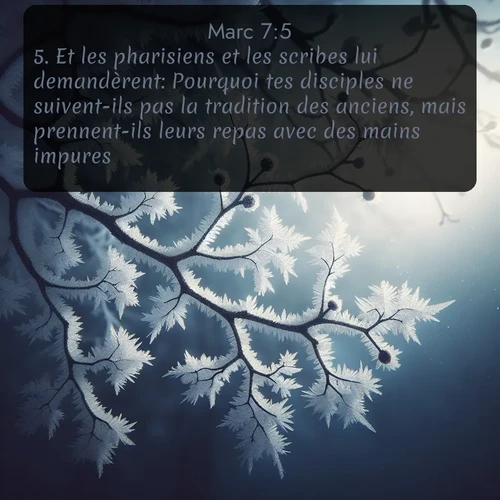 Segond Évangile selon Marc  ; image nature: image avec le verset biblique :Et les pharisiens et les scribes lui demandèrent: Pourquoi tes disciples ne suivent-ils pas la tradition des anciens, mais prennent-ils leurs repas avec des mains impures? ;  ; 7:5