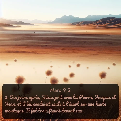 Segond Évangile selon Marc  ; image nature: image avec le verset biblique :Six jours après, Jésus prit avec lui Pierre, Jacques et Jean, et il les conduisit seuls à l&#039;écart sur une haute montagne. Il fut transfiguré devant eux; ;  ; 9:2