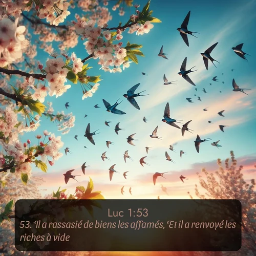 Segond Évangile selon Luc  ; image nature: image avec le verset biblique :Il a rassasié de biens les affamés, Et il a renvoyé les riches à vide. ;  ; 1:53