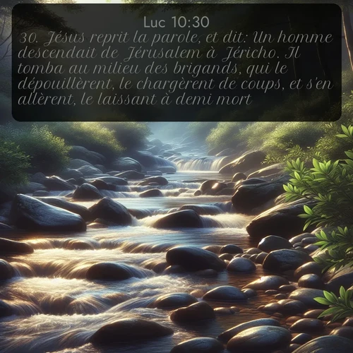 Segond Évangile selon Luc  ; image nature: image avec le verset biblique :Jésus reprit la parole, et dit: Un homme descendait de Jérusalem à Jéricho. Il tomba au milieu des brigands, qui le dépouillèrent, le chargèrent de coups, et s&#039;en allèrent, le laissant à demi mort. ;  ; 10:30