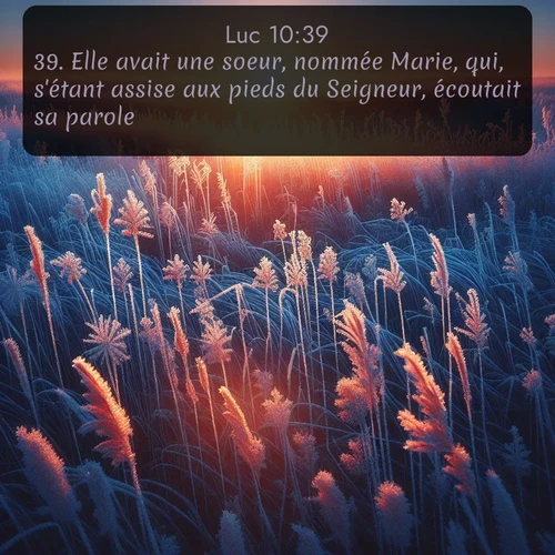 Segond Évangile selon Luc  ; image nature: image avec le verset biblique :Elle avait une soeur, nommée Marie, qui, s&#039;étant assise aux pieds du Seigneur, écoutait sa parole. ;  ; 10:39