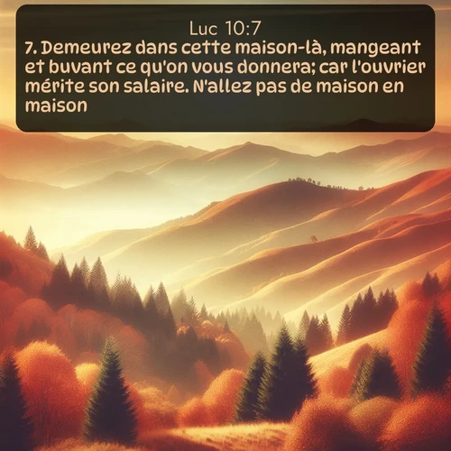 Segond Évangile selon Luc  ; image nature: image avec le verset biblique :Demeurez dans cette maison-là, mangeant et buvant ce qu&#039;on vous donnera; car l&#039;ouvrier mérite son salaire. N&#039;allez pas de maison en maison. ;  ; 10:7