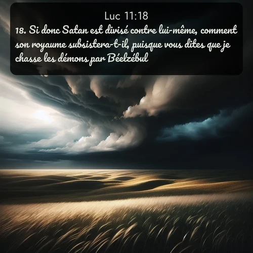 Segond Évangile selon Luc  ; image nature: image avec le verset biblique :Si donc Satan est divisé contre lui-même, comment son royaume subsistera-t-il, puisque vous dites que je chasse les démons par Béelzébul? ;  ; 11:18
