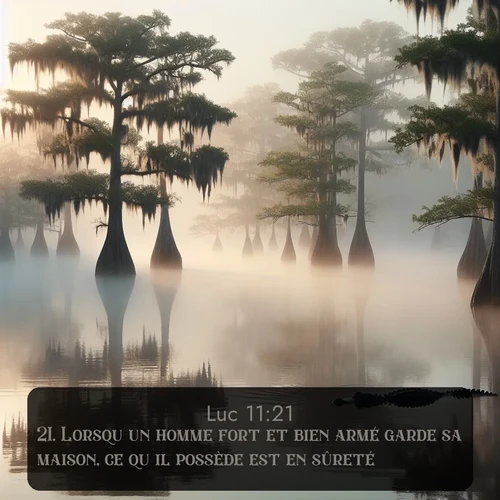 Segond Évangile selon Luc  ; image nature: image avec le verset biblique :Lorsqu&#039;un homme fort et bien armé garde sa maison, ce qu&#039;il possède est en sûreté. ;  ; 11:21