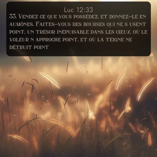 Segond Évangile selon Luc  ; image nature: image avec le verset biblique :Vendez ce que vous possédez, et donnez-le en aumônes. Faites-vous des bourses qui ne s&#039;usent point, un trésor inépuisable dans les cieux, où le voleur n&#039;approche point, et où la teigne ne détruit point. ;  ; 12:33
