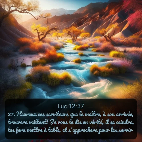 Segond Évangile selon Luc  ; image nature: image avec le verset biblique :Heureux ces serviteurs que le maître, à son arrivée, trouvera veillant! Je vous le dis en vérité, il se ceindra, les fera mettre à table, et s&#039;approchera pour les servir. ;  ; 12:37