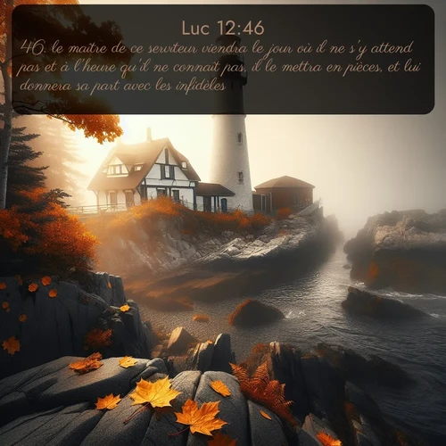 Segond Évangile selon Luc  ; image nature: image avec le verset biblique :le maître de ce serviteur viendra le jour où il ne s&#039;y attend pas et à l&#039;heure qu&#039;il ne connaît pas, il le mettra en pièces, et lui donnera sa part avec les infidèles. ;  ; 12:46