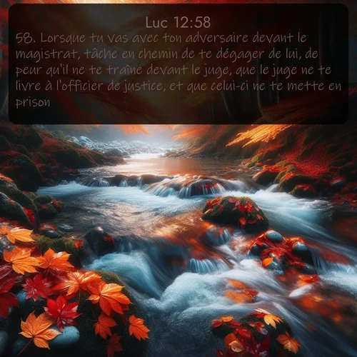 Segond Évangile selon Luc  ; image nature: image avec le verset biblique :Lorsque tu vas avec ton adversaire devant le magistrat, tâche en chemin de te dégager de lui, de peur qu&#039;il ne te traîne devant le juge, que le juge ne te livre à l&#039;officier de justice, et que celui-ci ne te mette en prison. ;  ; 12:58