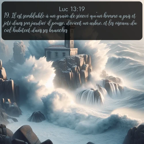 Segond Évangile selon Luc  ; image nature: image avec le verset biblique :Il est semblable à un grain de sénevé qu&#039;un homme a pris et jeté dans son jardin; il pousse, devient un arbre, et les oiseaux du ciel habitent dans ses branches. ;  ; 13:19