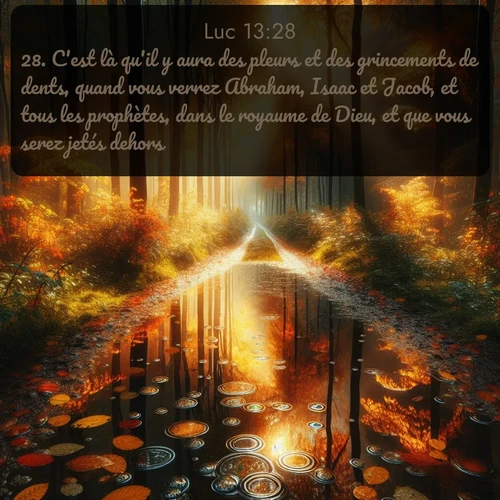 Segond Évangile selon Luc  ; image nature: image avec le verset biblique :C&#039;est là qu&#039;il y aura des pleurs et des grincements de dents, quand vous verrez Abraham, Isaac et Jacob, et tous les prophètes, dans le royaume de Dieu, et que vous serez jetés dehors. ;  ; 13:28