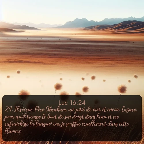Segond Évangile selon Luc  ; image nature: image avec le verset biblique :Il s&#039;écria: Père Abraham, aie pitié de moi, et envoie Lazare, pour qu&#039;il trempe le bout de son doigt dans l&#039;eau et me rafraîchisse la langue; car je souffre cruellement dans cette flamme. ;  ; 16:24