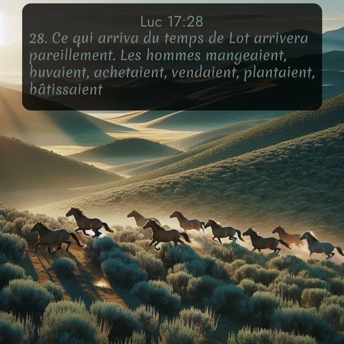 Segond Évangile selon Luc  ; image nature: image avec le verset biblique :Ce qui arriva du temps de Lot arrivera pareillement. Les hommes mangeaient, buvaient, achetaient, vendaient, plantaient, bâtissaient; ;  ; 17:28