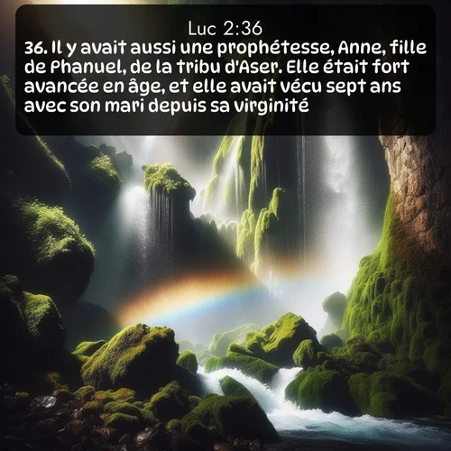 Segond Évangile selon Luc  ; image nature: image avec le verset biblique :Il y avait aussi une prophétesse, Anne, fille de Phanuel, de la tribu d&#039;Aser. Elle était fort avancée en âge, et elle avait vécu sept ans avec son mari depuis sa virginité. ;  ; 2:36
