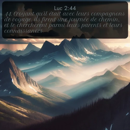 Segond Évangile selon Luc  ; image nature: image avec le verset biblique :Croyant qu&#039;il était avec leurs compagnons de voyage, ils firent une journée de chemin, et le cherchèrent parmi leurs parents et leurs connaissances. ;  ; 2:44