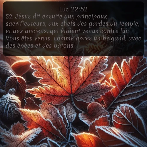 Segond Évangile selon Luc  ; image nature: image avec le verset biblique :Jésus dit ensuite aux principaux sacrificateurs, aux chefs des gardes du temple, et aux anciens, qui étaient venus contre lui: Vous êtes venus, comme après un brigand, avec des épées et des bâtons. ;  ; 22:52