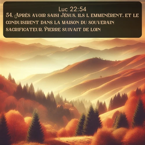 Segond Évangile selon Luc  ; image nature: image avec le verset biblique :Après avoir saisi Jésus, ils l&#039;emmenèrent, et le conduisirent dans la maison du souverain sacrificateur. Pierre suivait de loin. ;  ; 22:54
