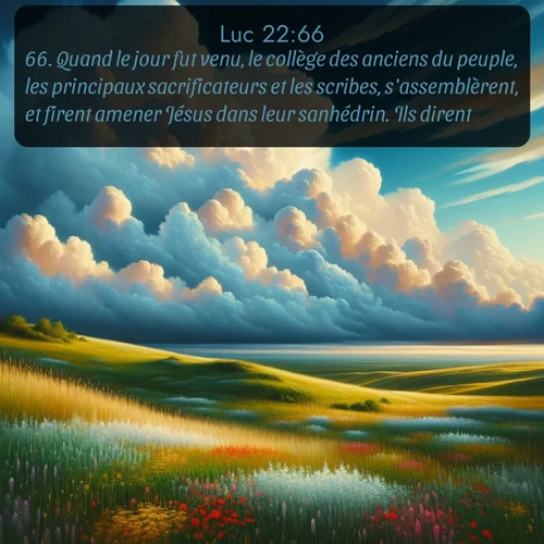 Segond Évangile selon Luc  ; image nature: image avec le verset biblique :Quand le jour fut venu, le collège des anciens du peuple, les principaux sacrificateurs et les scribes, s&#039;assemblèrent, et firent amener Jésus dans leur sanhédrin. Ils dirent: ;  ; 22:66