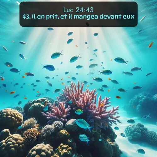 Segond Évangile selon Luc  ; image nature: image avec le verset biblique :Il en prit, et il mangea devant eux. ;  ; 24:43