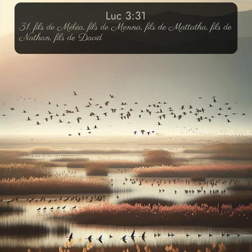 Segond Évangile selon Luc  ; image nature: image avec le verset biblique :fils de Méléa, fils de Menna, fils de Mattatha, fils de Nathan, fils de David, ;  ; 3:31